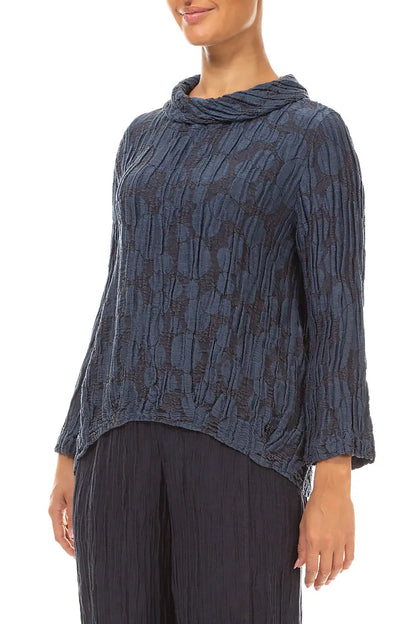 Soft Cowl Neck Slate Blue Circle Silk Linen Blouse