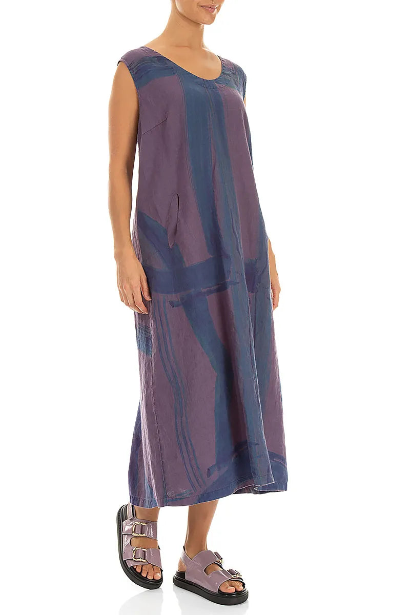 Weiches V-Ausschnitt Leinenkleid mit Amethyst-Pinselstrich