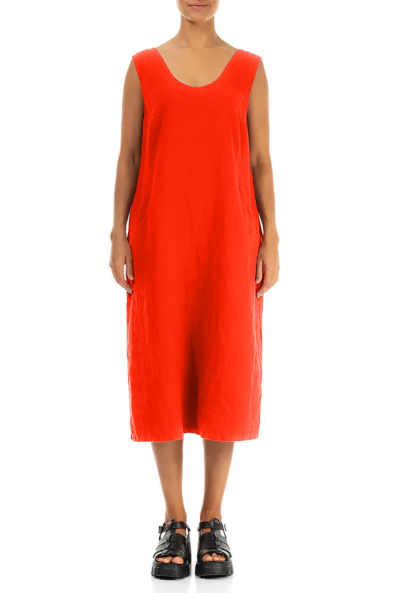 Soft V-Neck Flame Orange Linen Dress