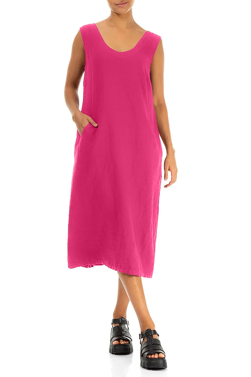 Soft V-Neck Fuchsia Linen Dress  grizas.com