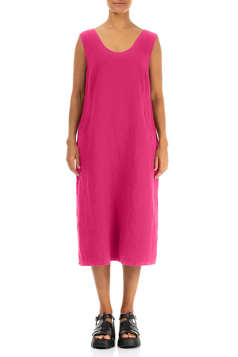 Soft V-Neck Fuchsia Linen Dress