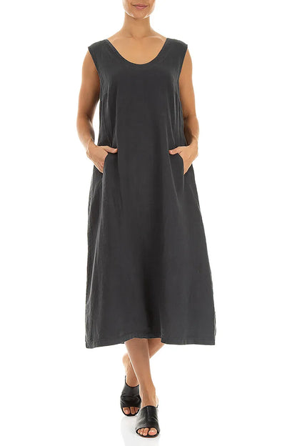 Soft V-Neck Graphite Linen Dress
