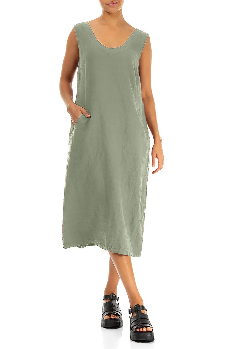 Soft V-Neck Sage Linen Dress 4