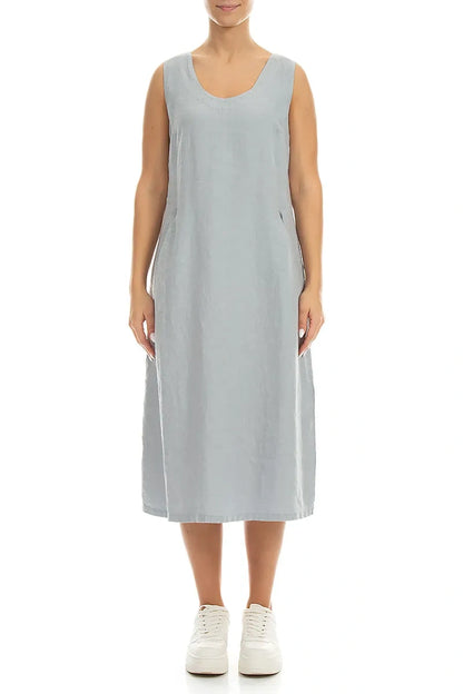 Soft V-Neck Silver Grey Linen Dress 1
