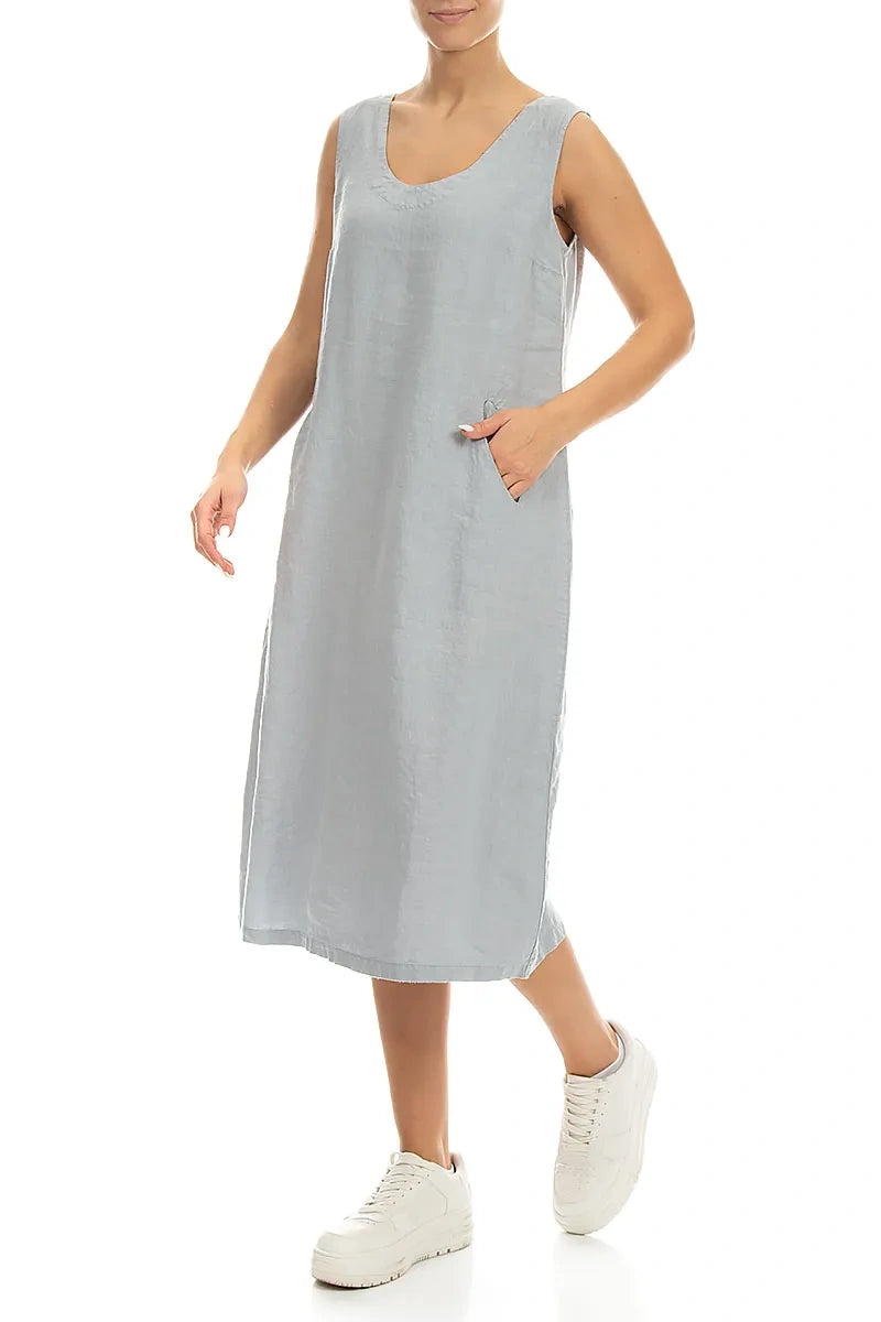 Soft V-Neck Silver Grey Linen Dress 3