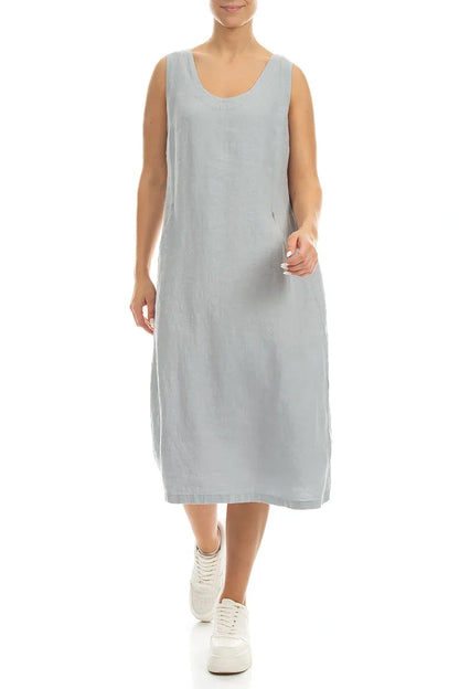 Soft V-Neck Silver Grey Linen Dress 4