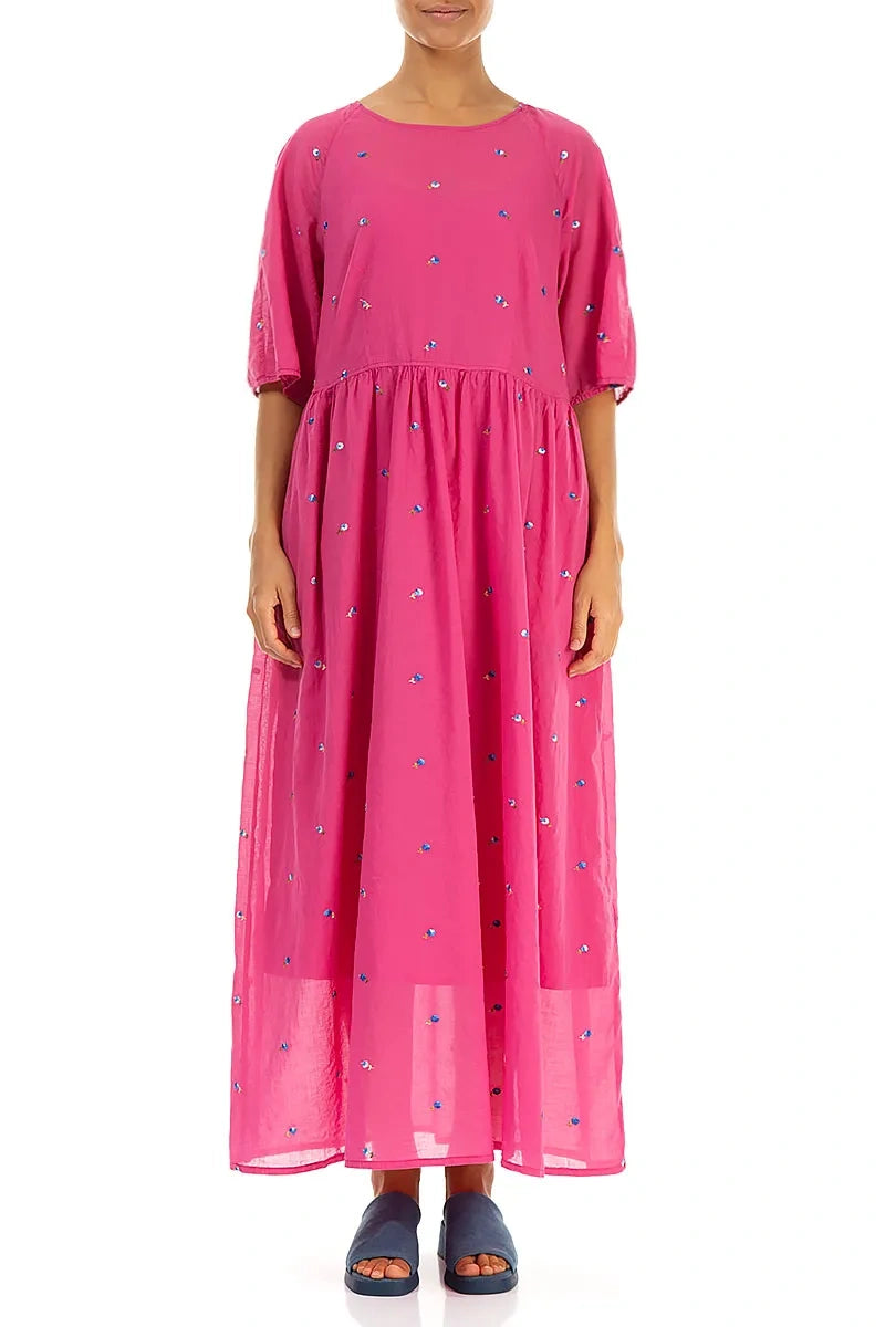 Soft Volume Fuchsia Embroidered Petals Cotton Dress