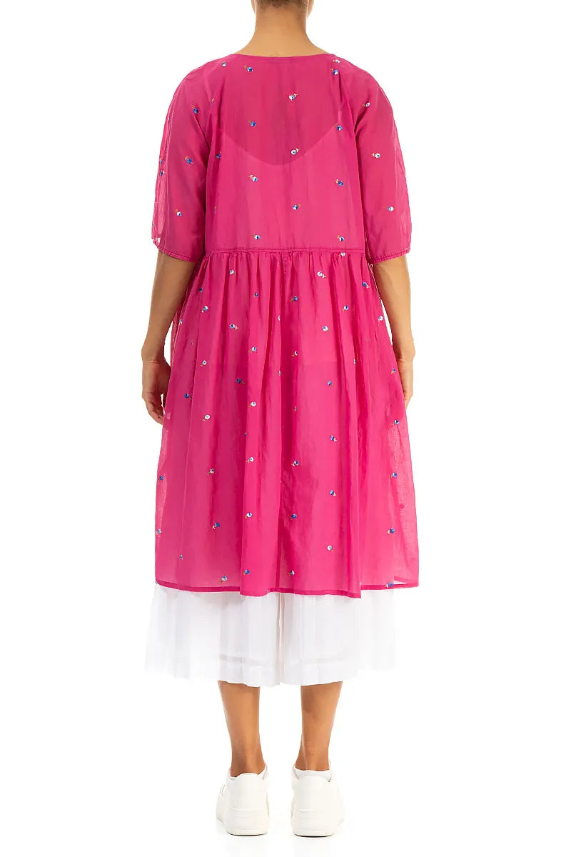 Soft Volume Fuchsia Embroidered Petals Cotton Midi Dress