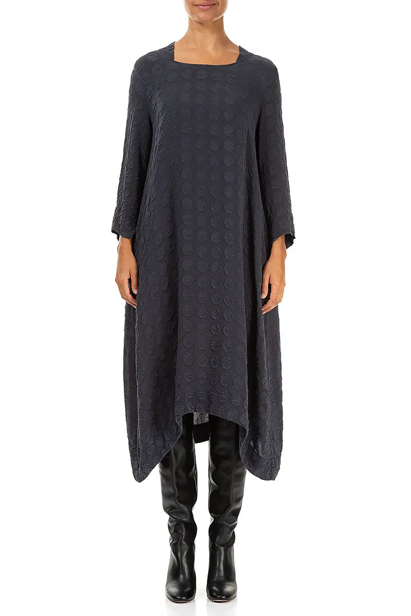 Square Neck Bubble Graphite Blue Silver Silk Dress 1