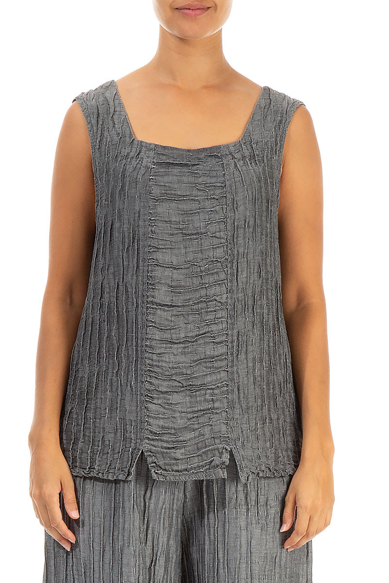 Square Neck Crinkled Anthracite Silk Linen Blouse