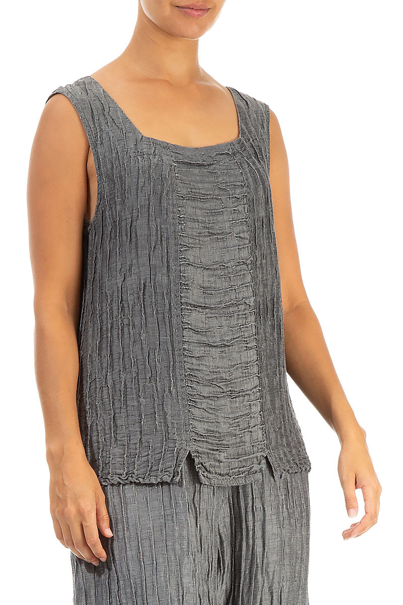 Square Neck Crinkled Anthracite Silk Linen Blouse