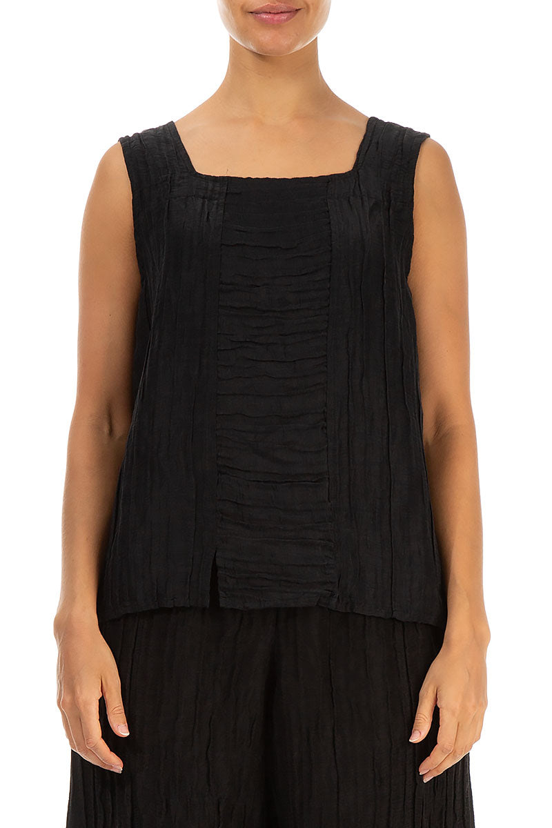 Square Neck Crinkled Black Silk Linen Blouse 1