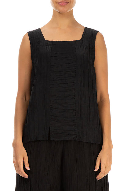 Square Neck Crinkled Black Silk Linen Blouse 1