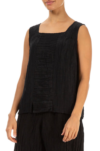 Square Neck Crinkled Black Silk Linen Blouse 3