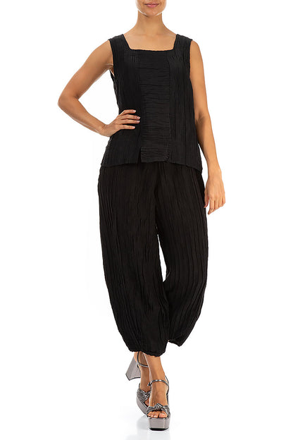 Square Neck Crinkled Black Silk Linen Blouse 4