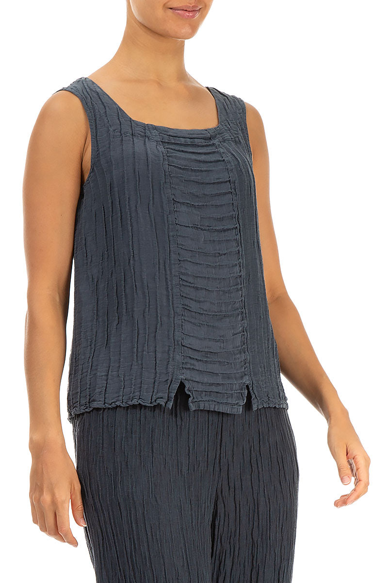 Square Neck Crinkled Graphite Silk Linen Blouse 3