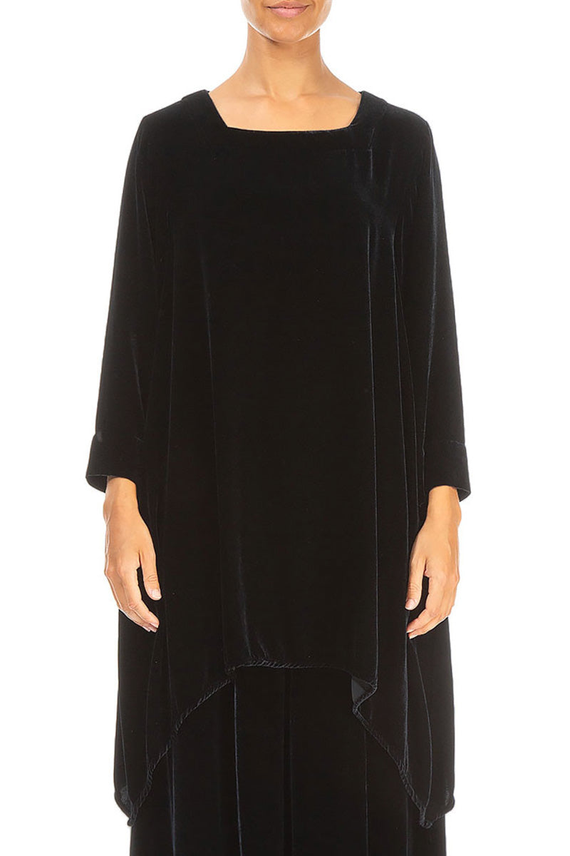 Square Neck Midnight Blue Silk Velvet Tunic