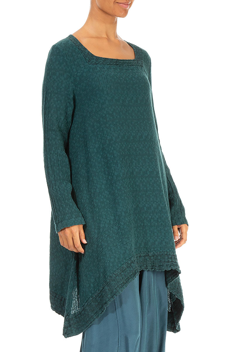 Square Neck Teal Textured Linen Tunic