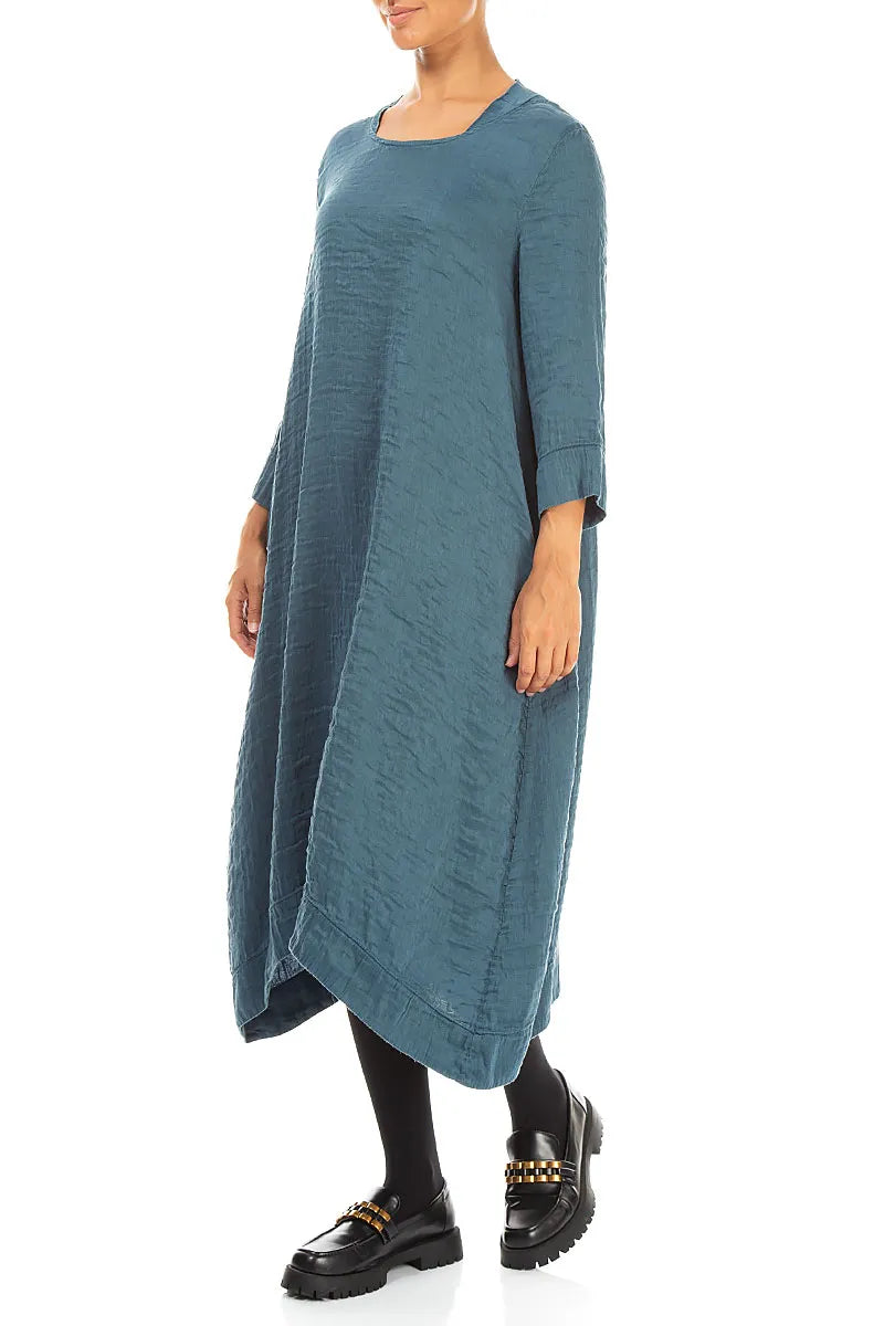 Square Neck Textured Deep Turquoise Silk Dress 3