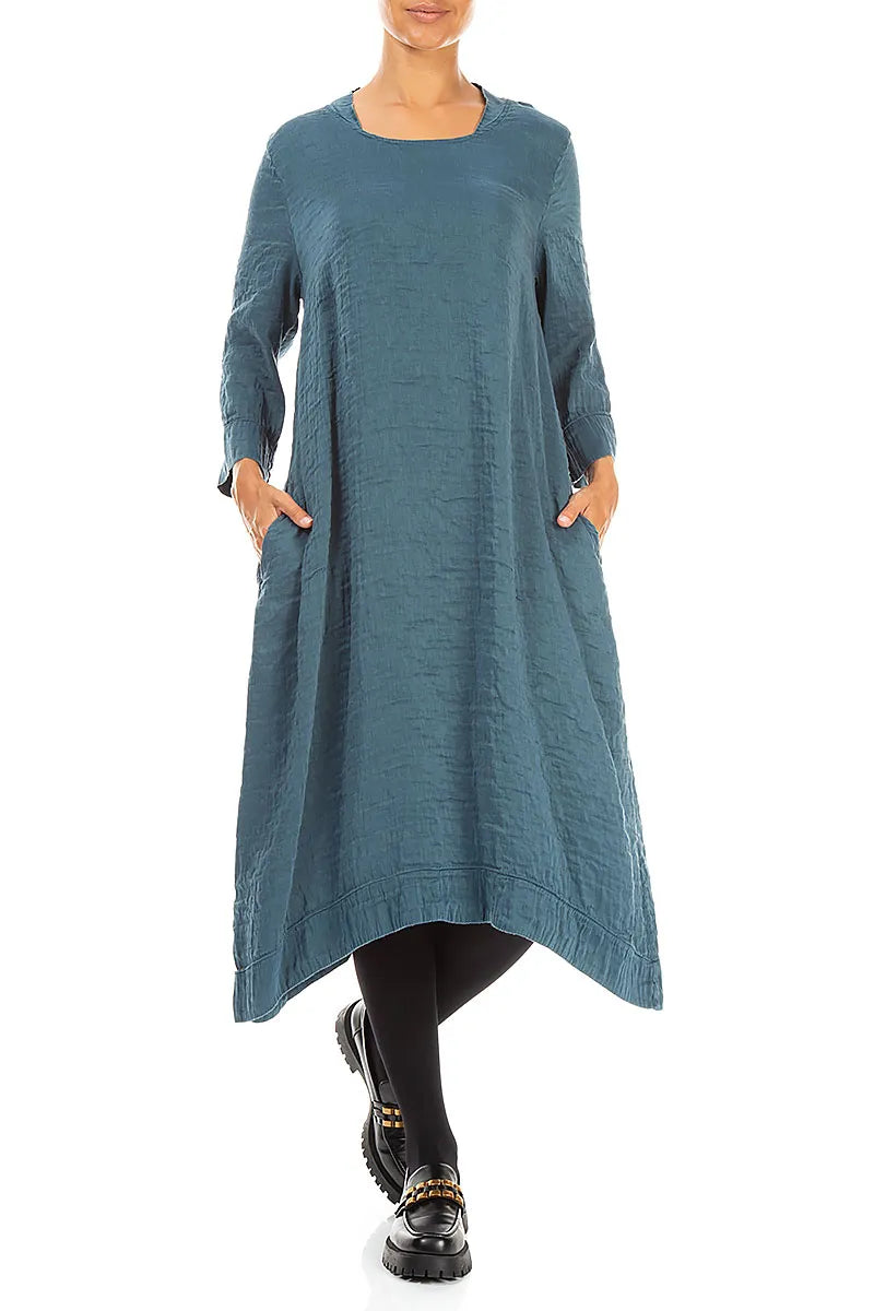 Square Neck Textured Deep Turquoise Silk Dress