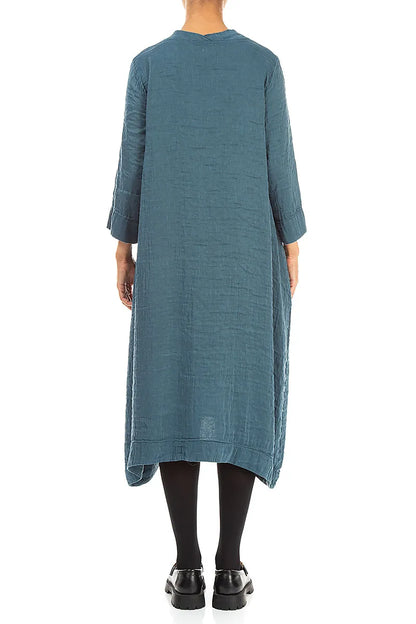 Square Neck Textured Deep Turquoise Silk Dress