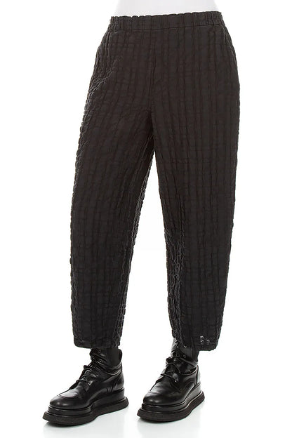 Straight Black Checkered Linen Cotton Trousers