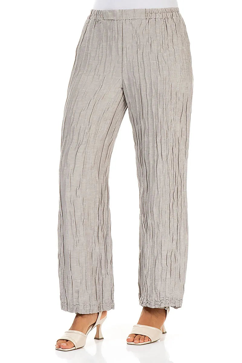 Gerade geschnittene, geknitterte beige Seidenleinenhose