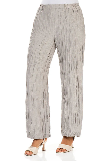 Gerade geschnittene, geknitterte beige Seidenleinenhose