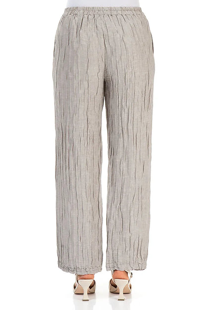 Gerade geschnittene, geknitterte beige Seidenleinenhose