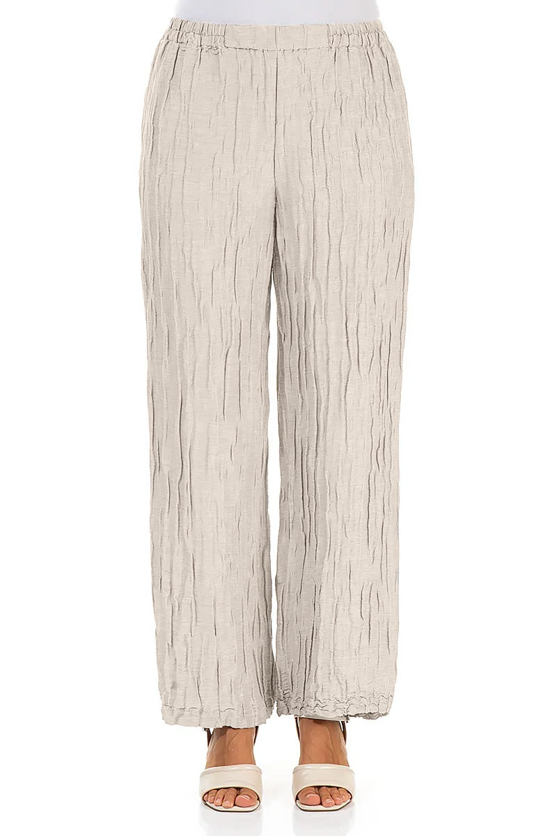 Straight Crinkled Beige Silk Linen Trousers 1
