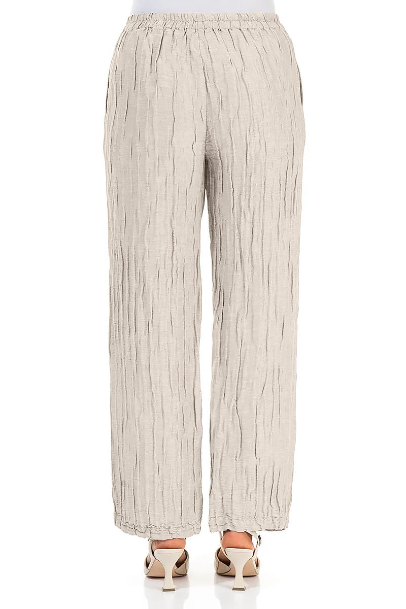Straight Crinkled Beige Silk Linen Trousers 2