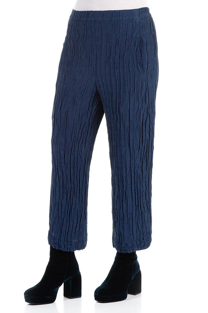 Straight Crinkled Cobalt Blue Silk Linen Trousers