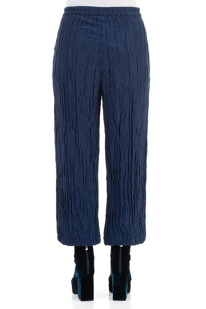 Straight Crinkled Cobalt Blue Silk Linen Trousers