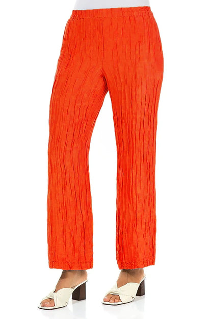 Straight Crinkled Flame Orange Silk Linen Trousers 3
