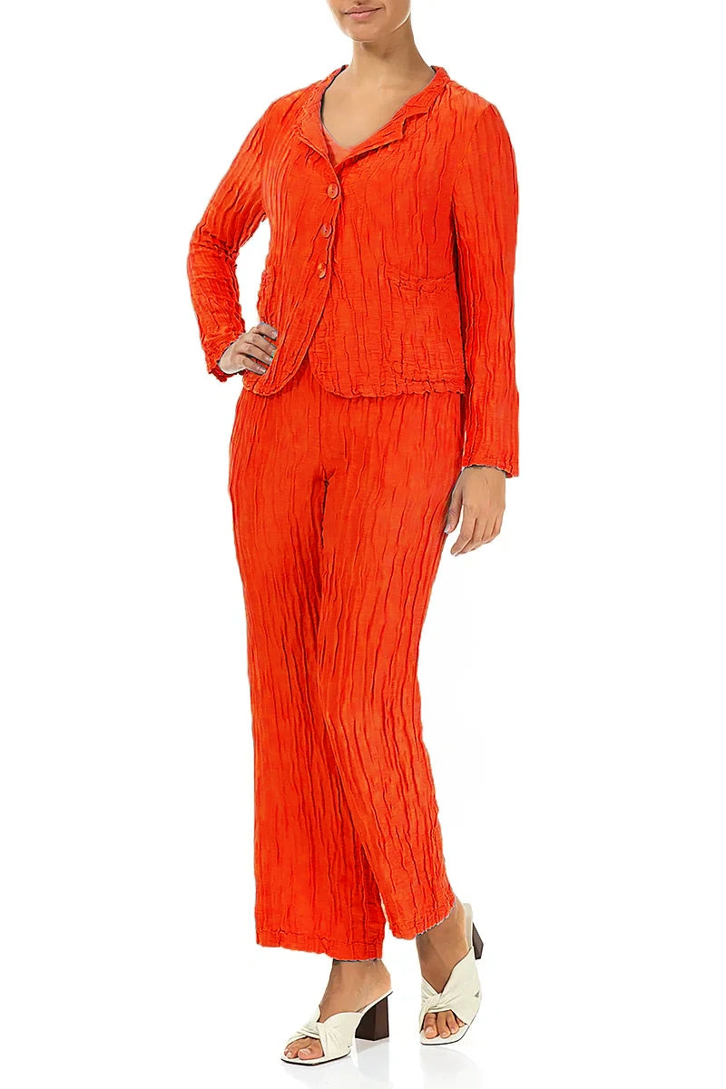 Straight Crinkled Flame Orange Silk Linen Trousers 4