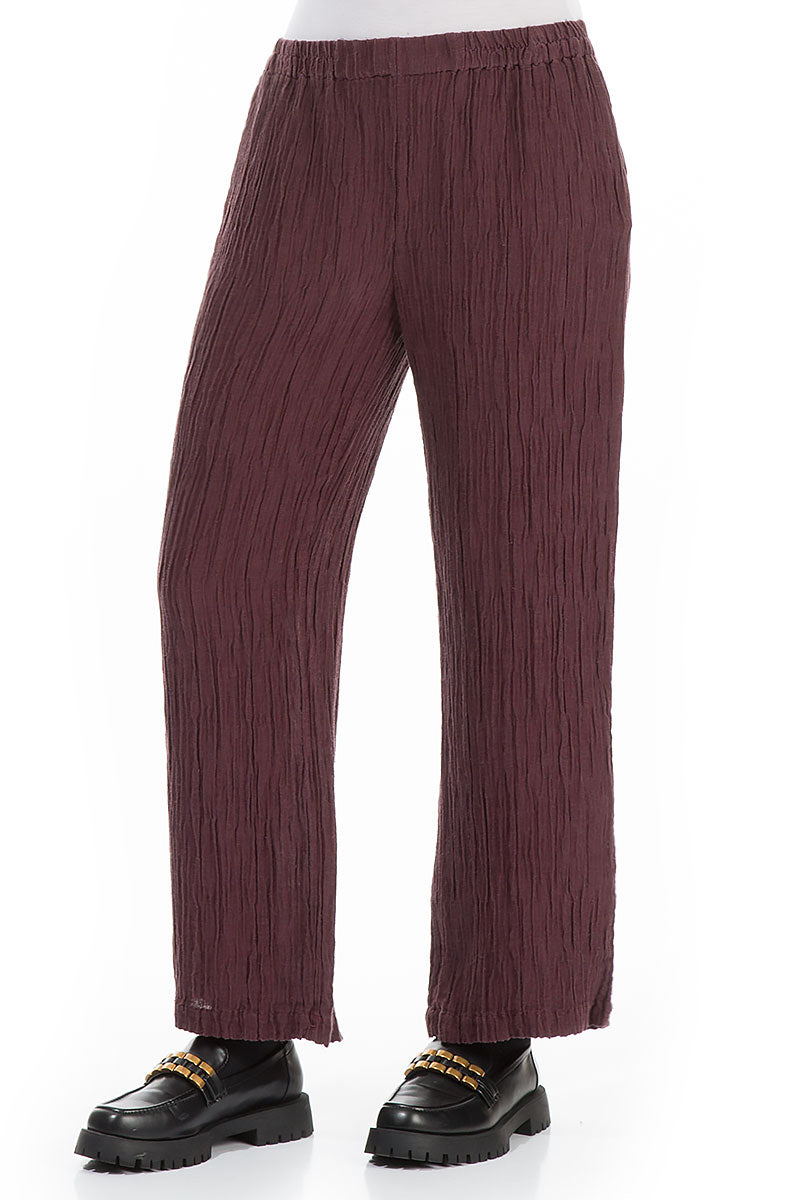 Straight Crinkled Merlot Silk Linen Trousers