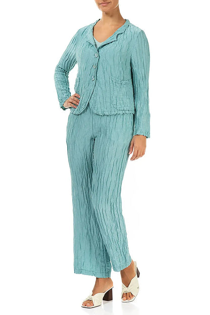 Straight Crinkled Mint Silk Linen Trousers 4