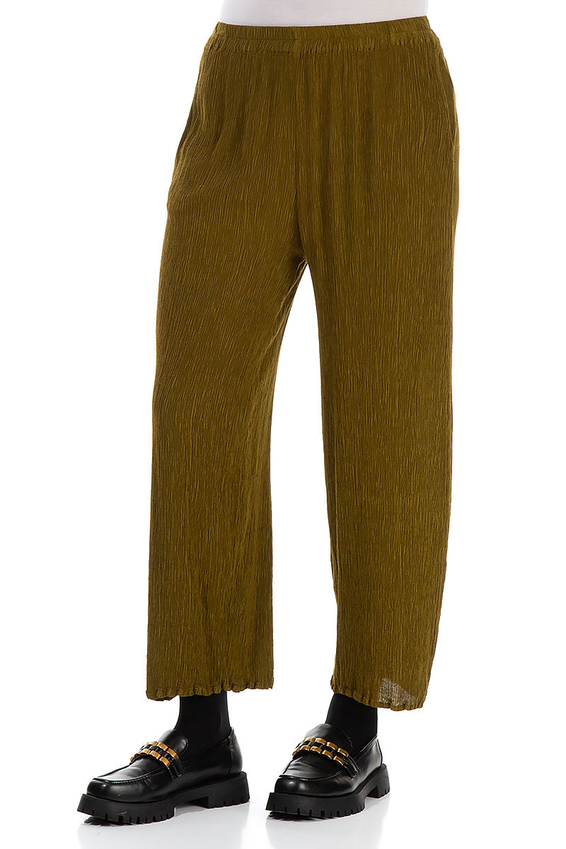 Straight Cropped Olive Silk Viscose Trousers