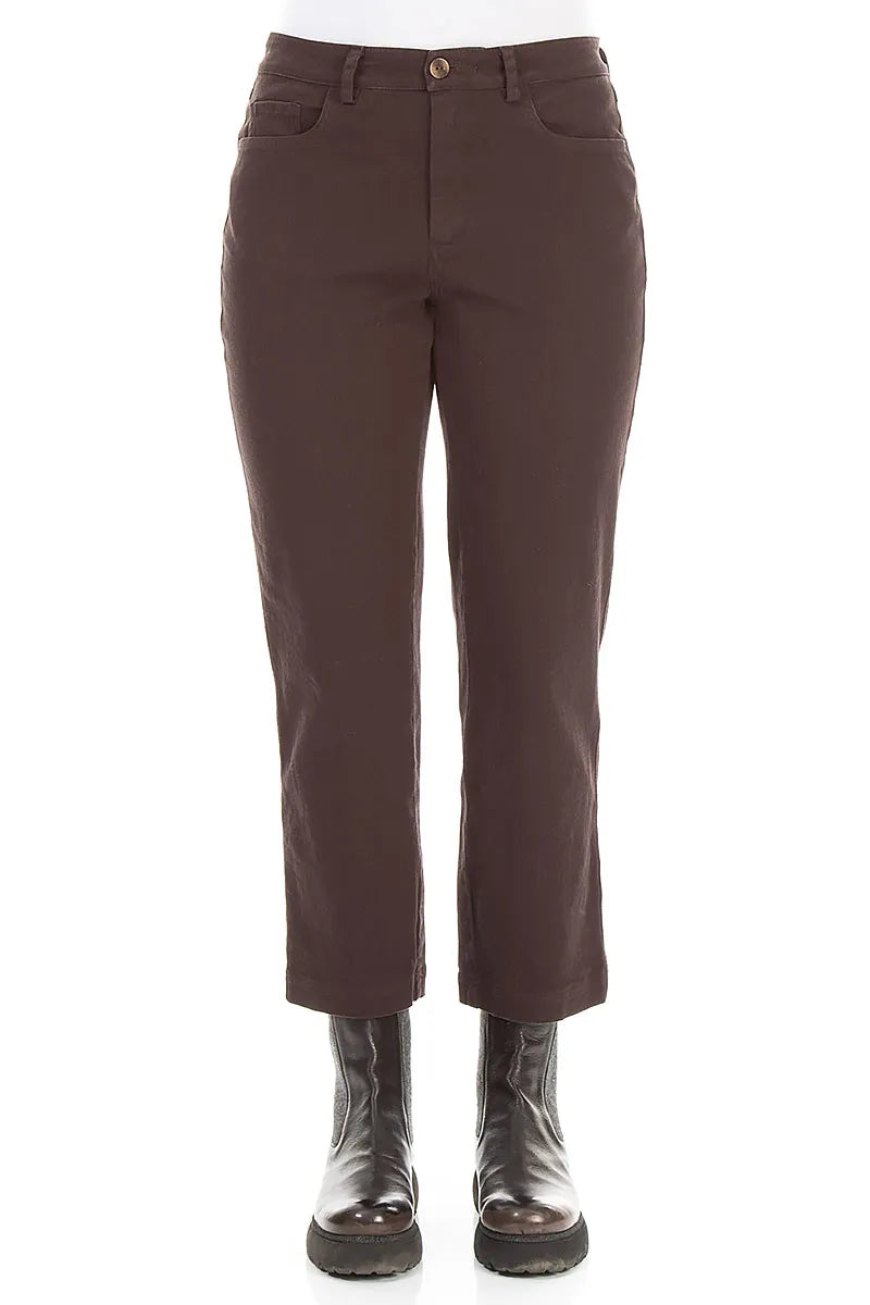 Cropped Truffle Brown Stretch Cotton Trousers 1