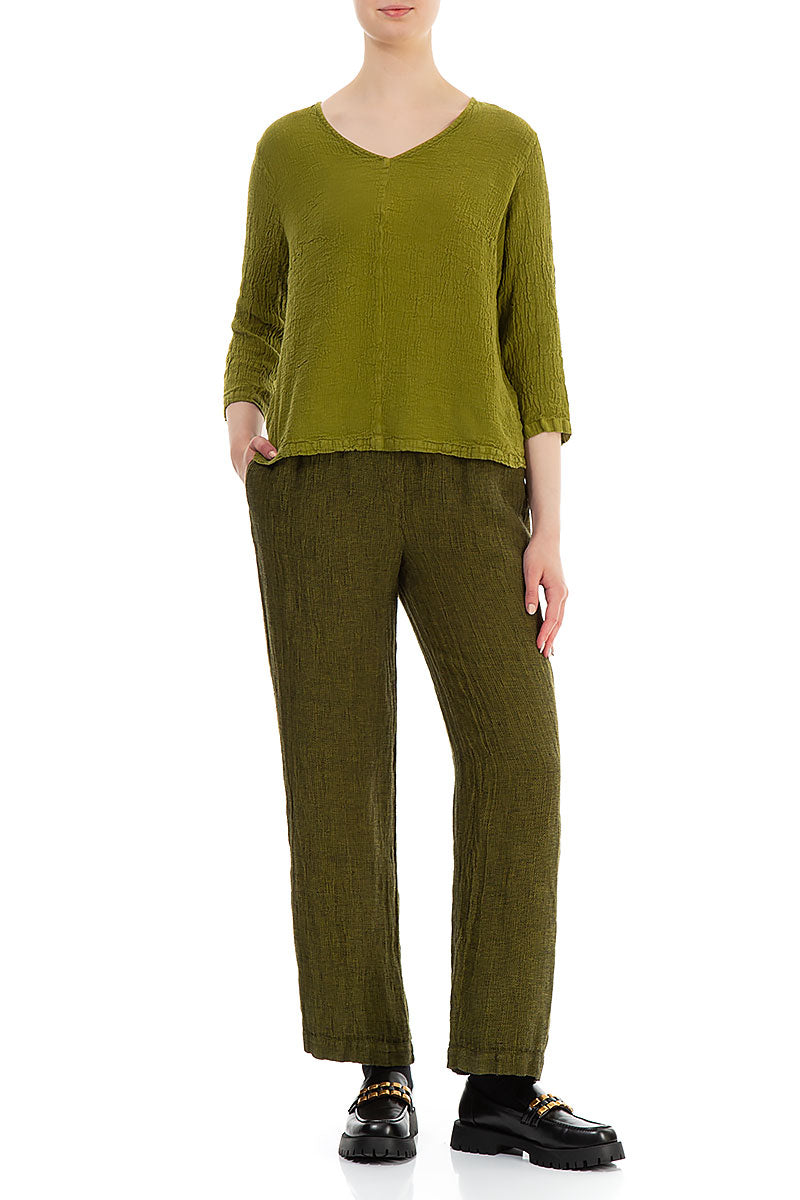 Straight Golden Lime Mélange Linen Trousers 4