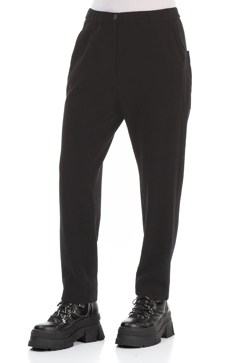 Straight Leg Black Cotton Jersey Trousers