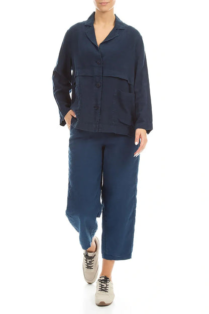 Straight Navy Linen Trousers 4