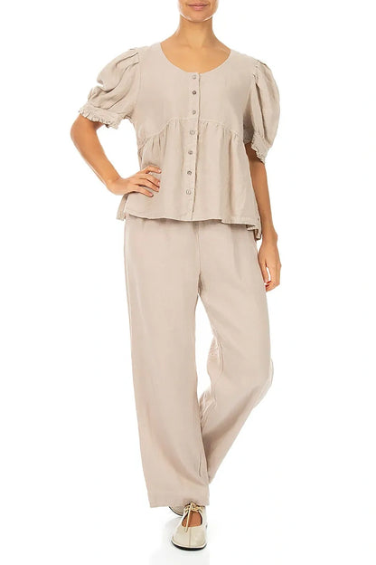 Straight Tie Up Beige Linen Trousers 4
