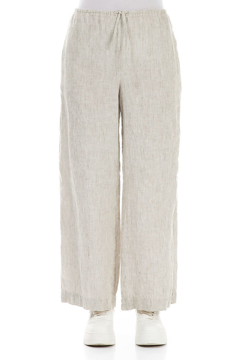 Straight Tie Up Striped Sand Linen Trousers 1