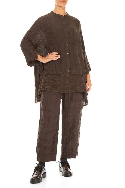 Straight Truffle Brown Pleated Silk Linen Trousers 4