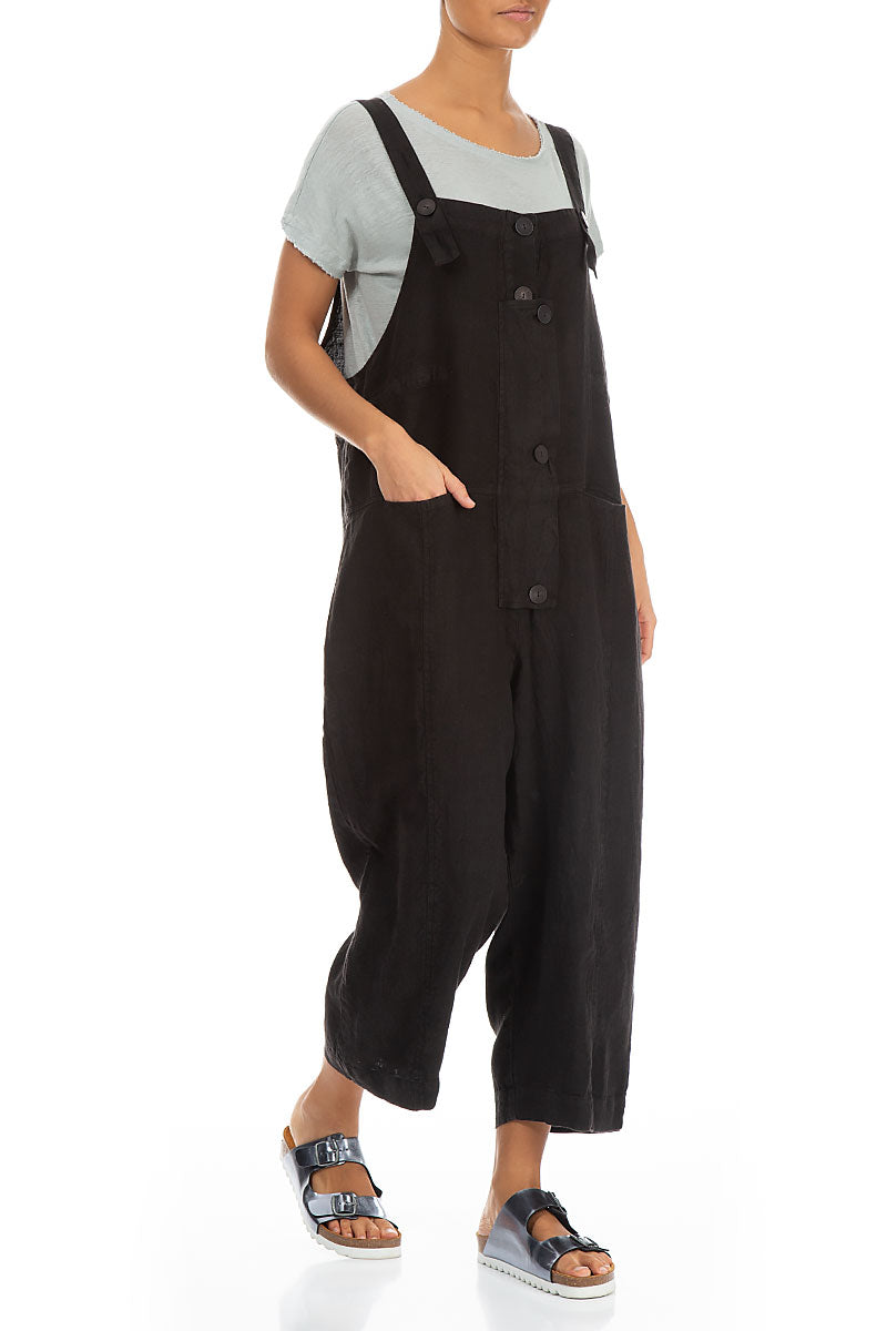 Strappy Black Linen Dungaree Jumpsuit