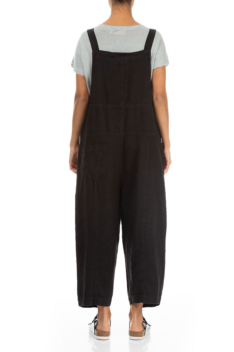 Strappy Black Linen Dungaree Jumpsuit