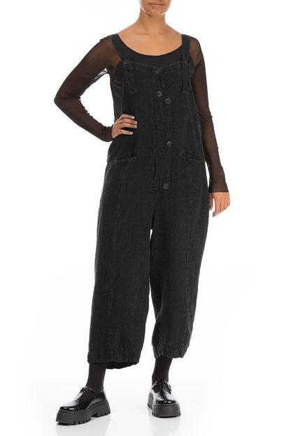 Strappy Black Mélange Linen Dungaree Jumpsuit