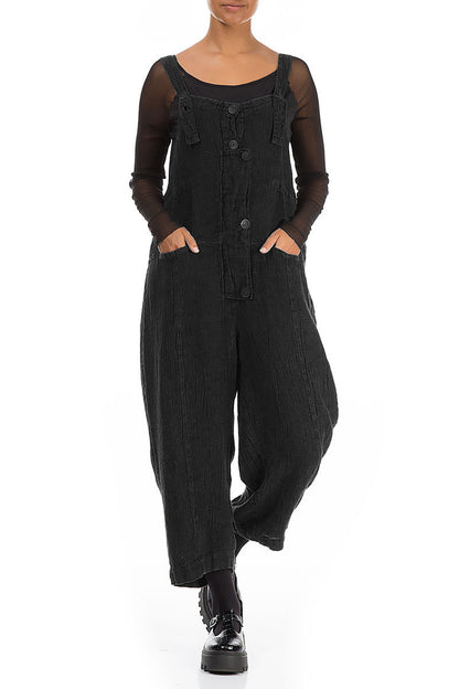 Strappy Black Mélange Linen Dungaree Jumpsuit