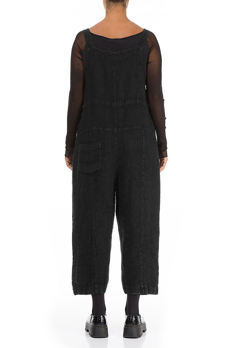 Strappy Black Mélange Linen Dungaree Jumpsuit